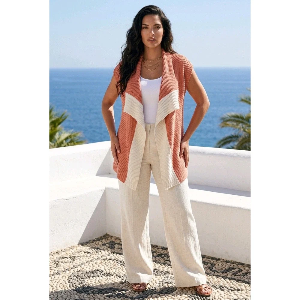 St John L Peach Pink Silk Blend Ribbed Knit Open Front‎ Cardigan Vest Large